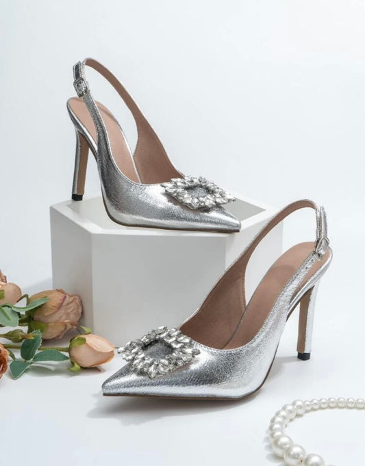Silver Diamanté Detail Slingback Heels