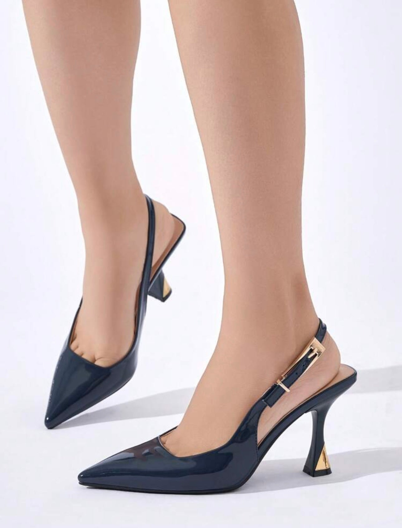 Navy Patent Gold Heel Detail Slingbacks