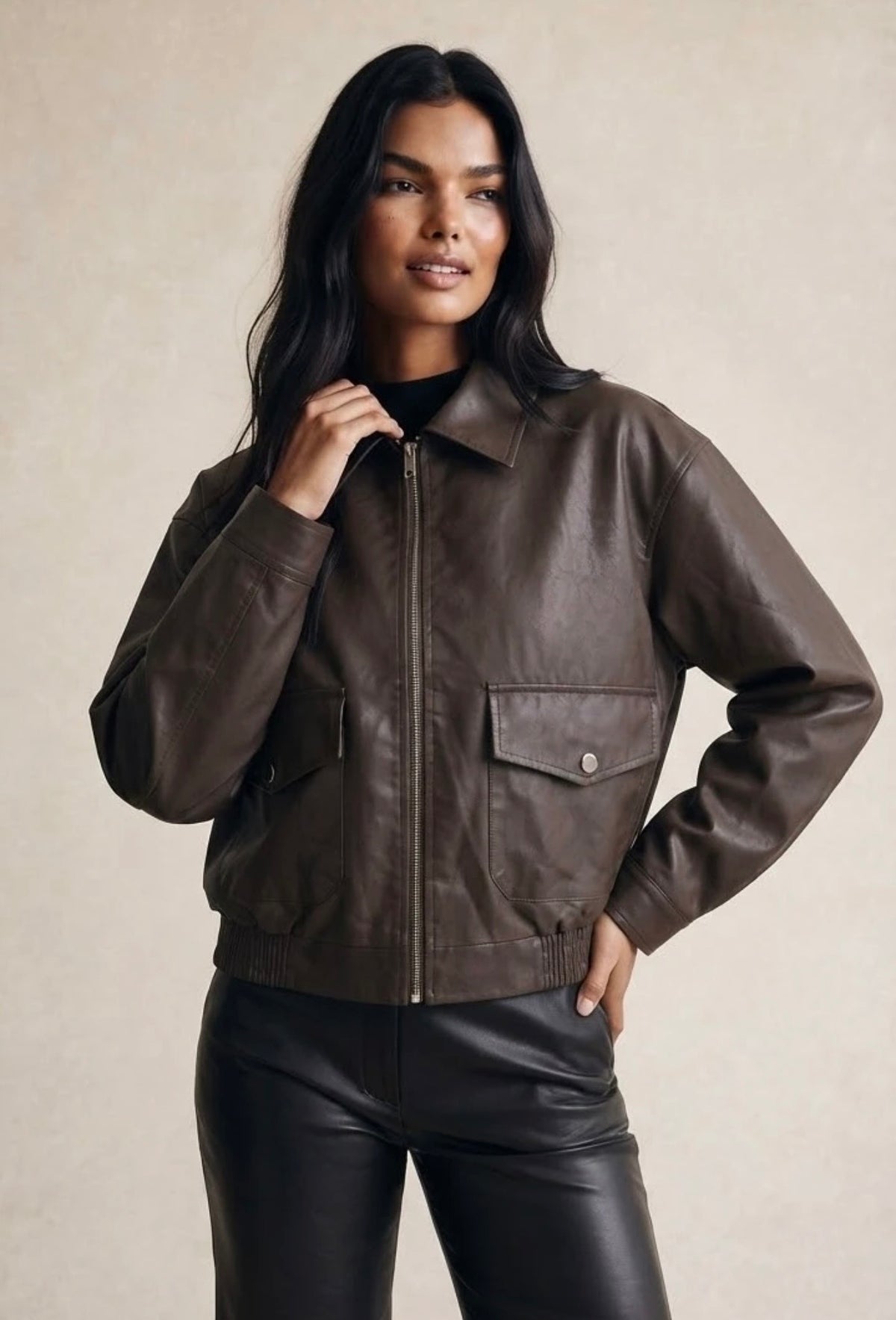 Brown PU Jacket With Oversized Pockets