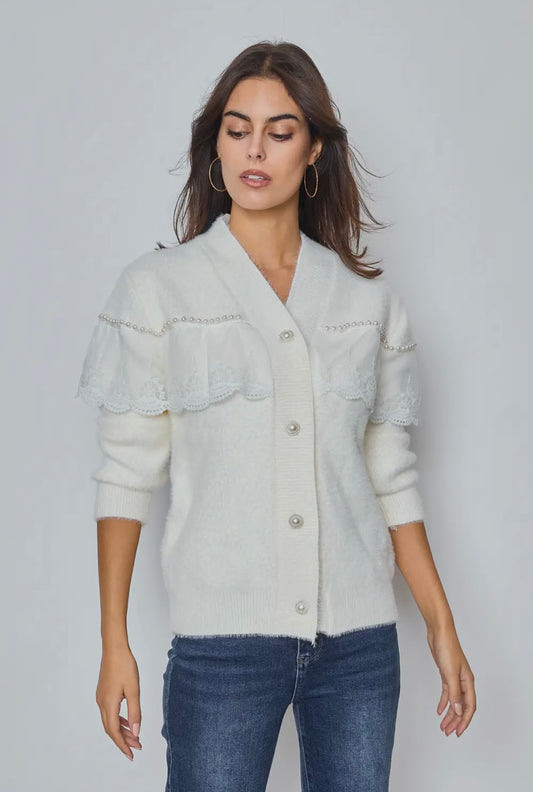 Beatrice White Luxurious Pearl & Lace Cardigan