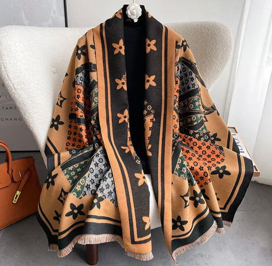 Tan & Black Floral Monogram Scarf