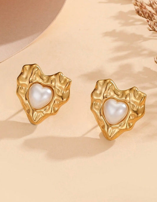 Gold Pearl Heart Earrings