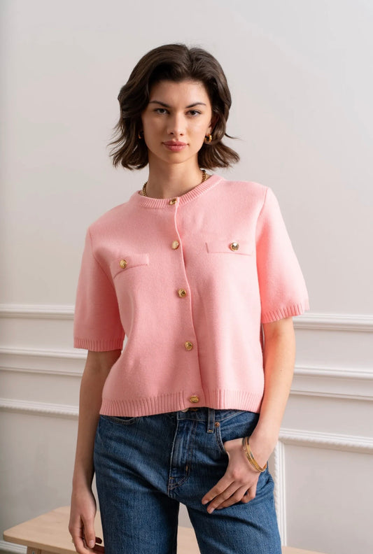 Pink Cardigan Top With Gold Button Appliqué