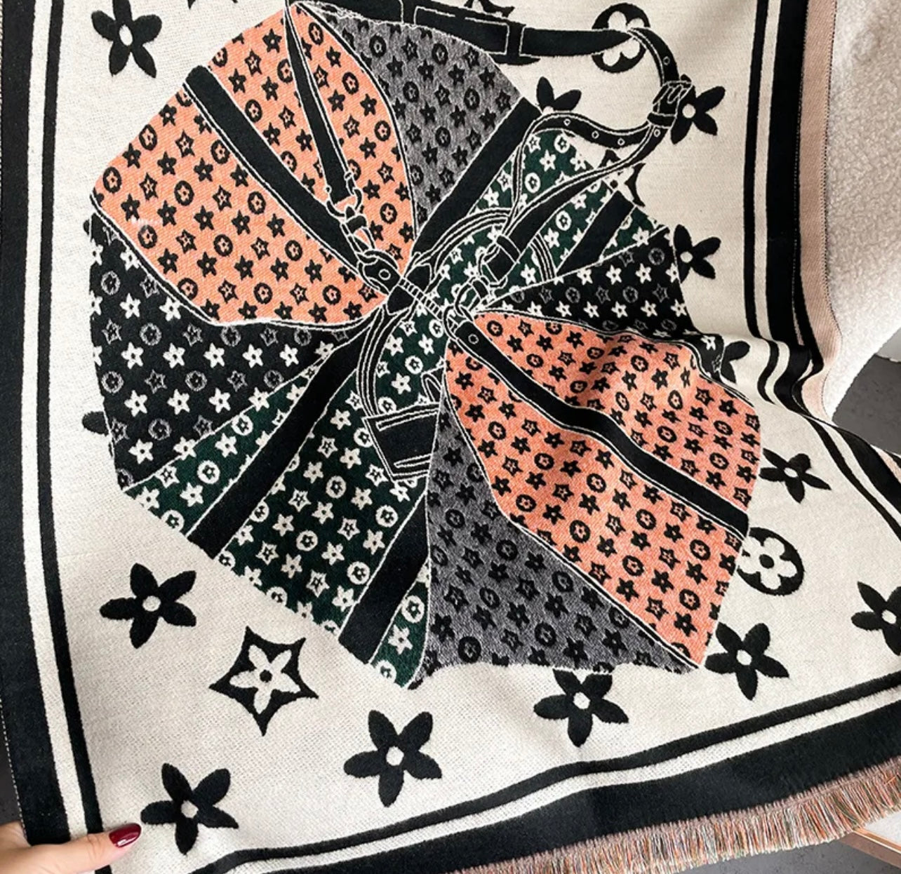 Black/Cream & Coral Monogram Scarf