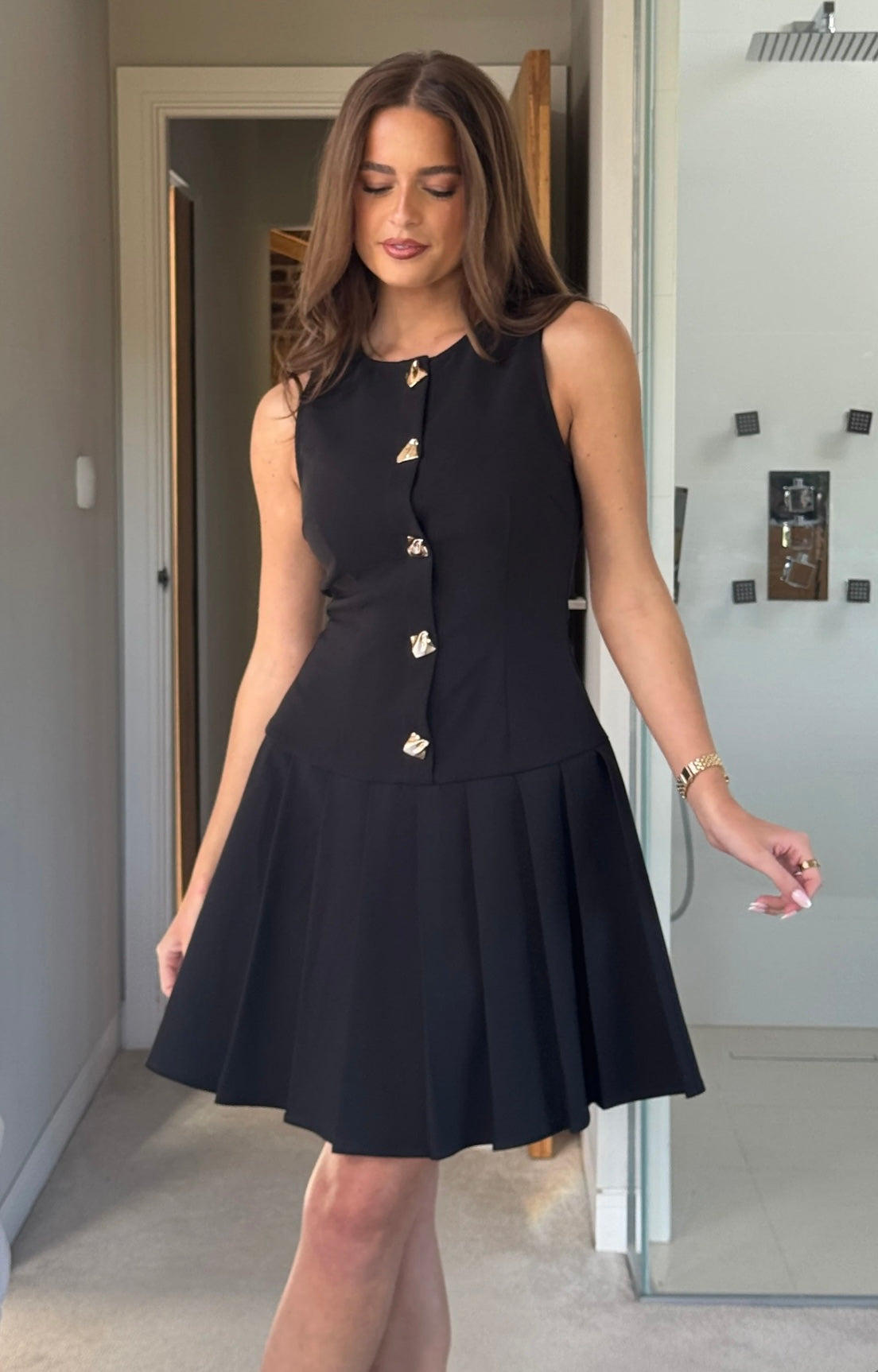 Penelope Tailored Pleated Mini Dress Black