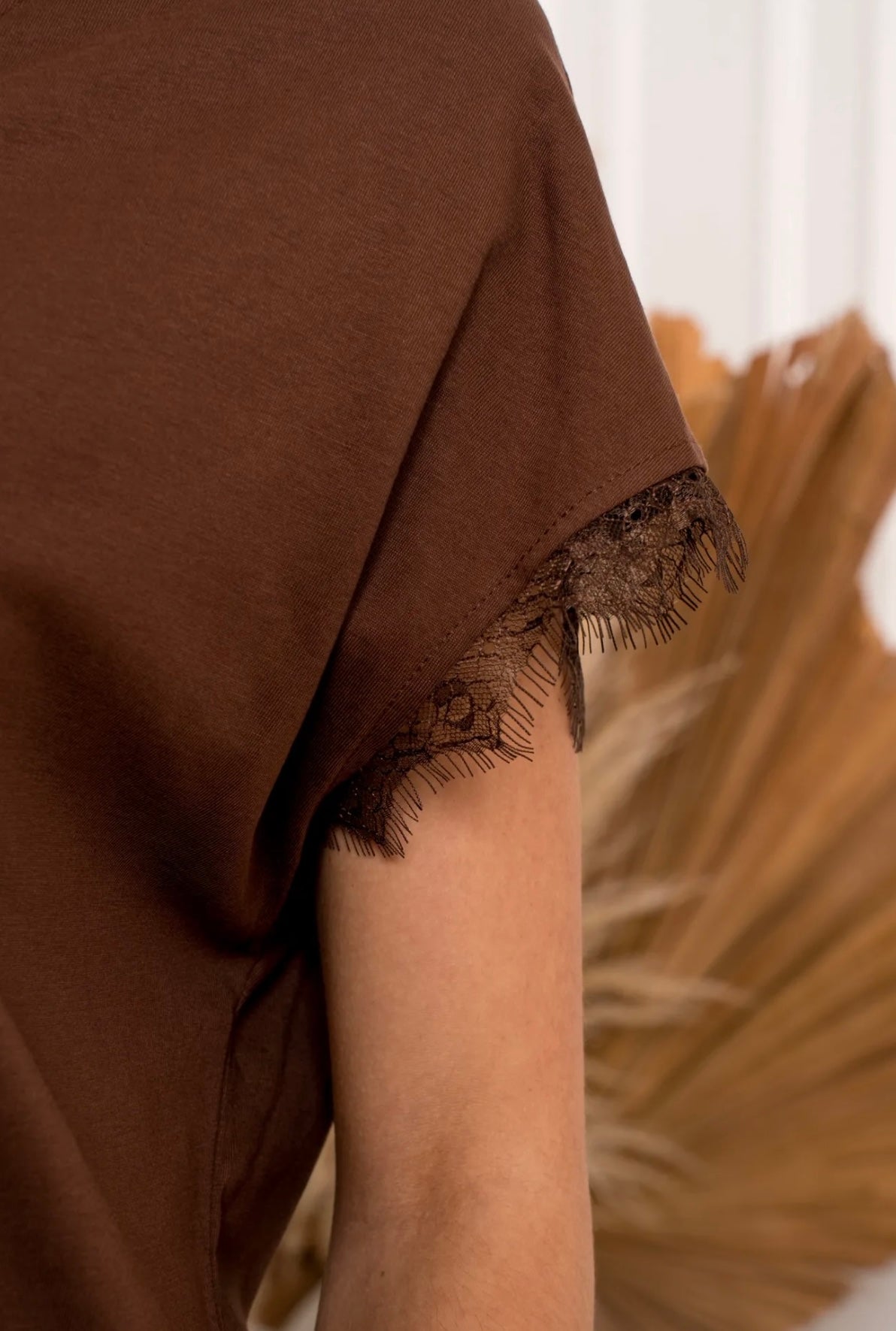 Brown T-Shirt With Lace Detail