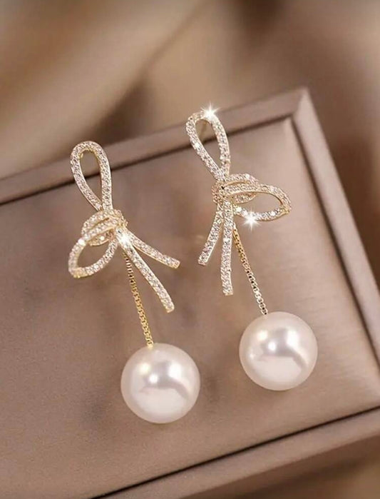Bow Drop Diamanté Pearl Earrings