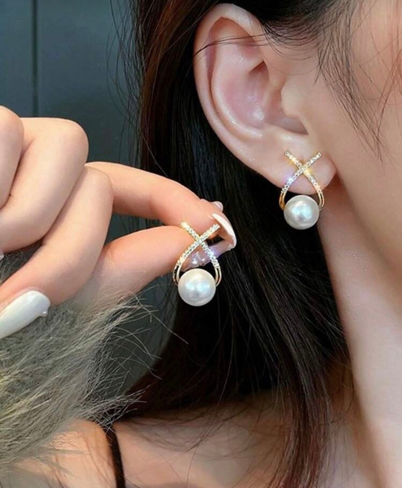 Diamanté Pearl Crossover Earrings