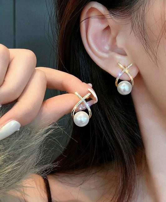 Diamanté Pearl Crossover Earrings