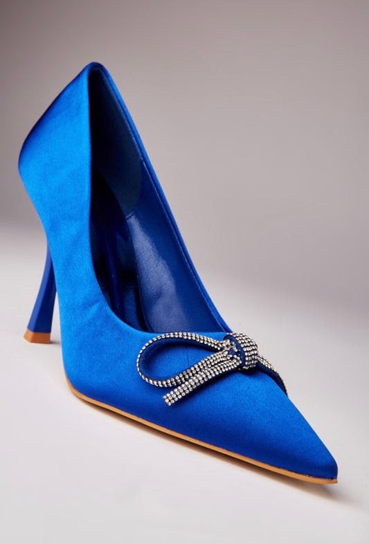 Royal Blue Satin Embellished Bow Detail Heels