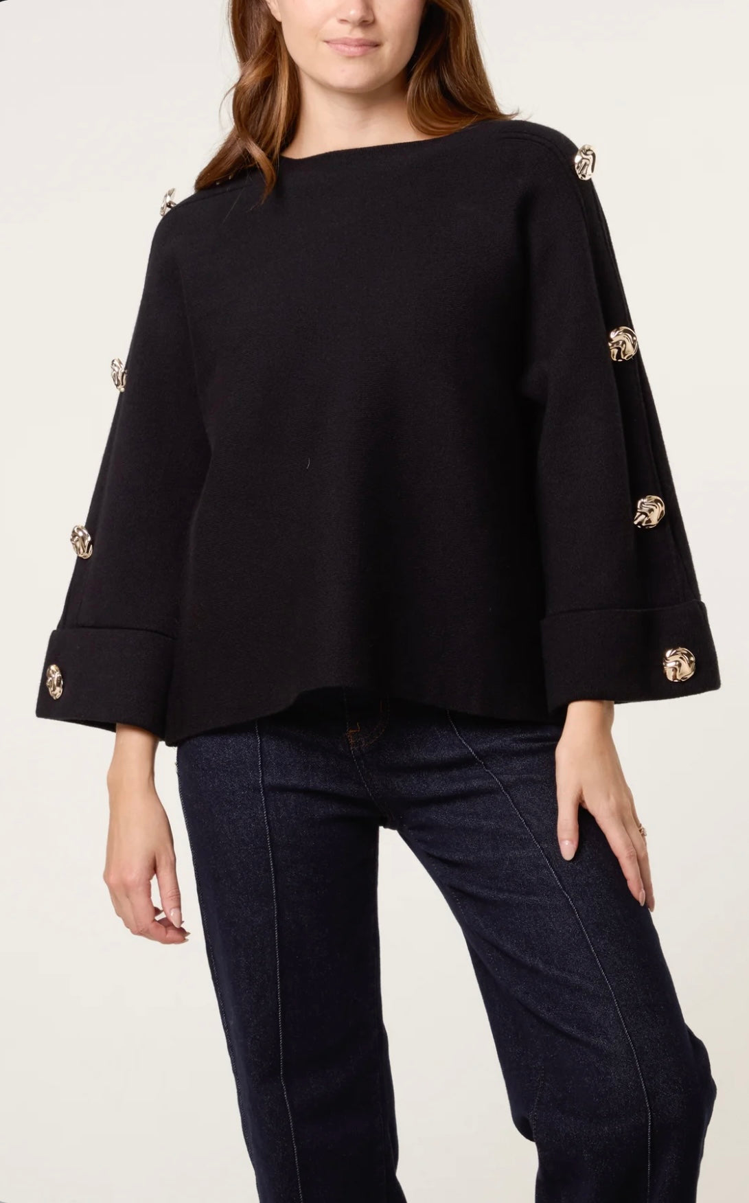 Black Thick Knit Jumper With Gold Statement Buttons