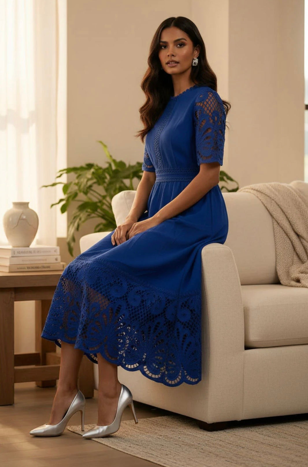 Louisa Royal Blue Broiderie Anglais Midi Dress