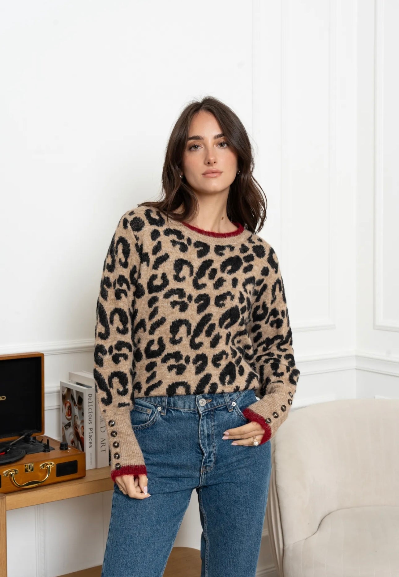 Leopard Print Jumper With Burgundy Trim