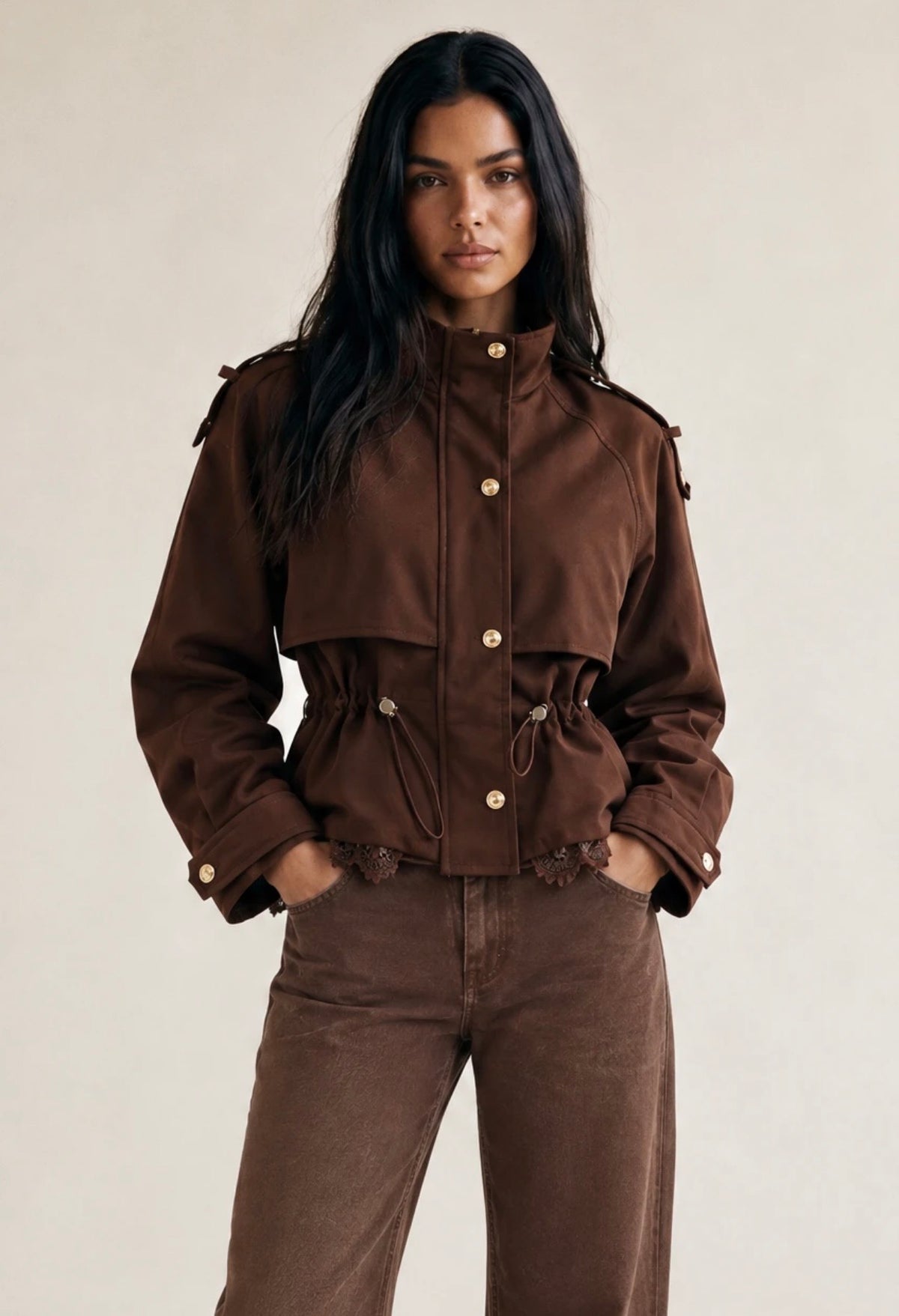 Brown Lace Back Short Trench Coat