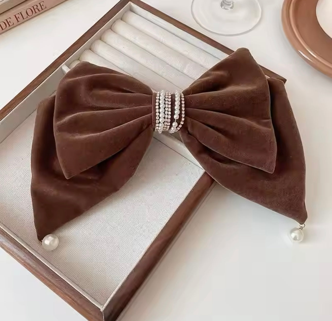 Large Pearl Diamanté Velvet Bow Mocha