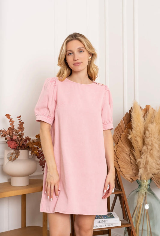 Pink Denim Dress With Gold Button Detail