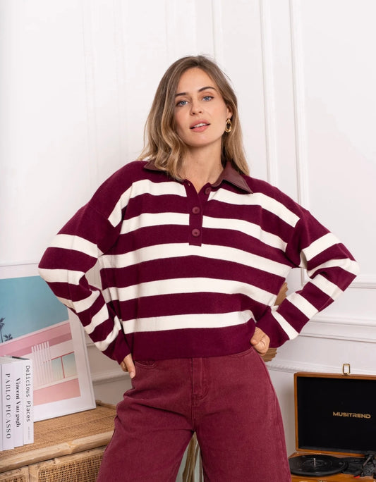 Burgundy & Cream Polo Top With PU Leather Collar