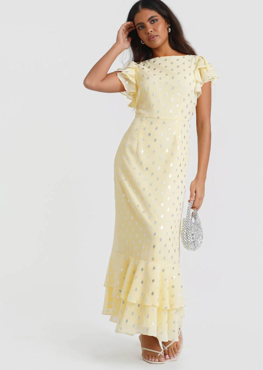 Nadia Lemon Flutter Sleeve Foil Midi Dress