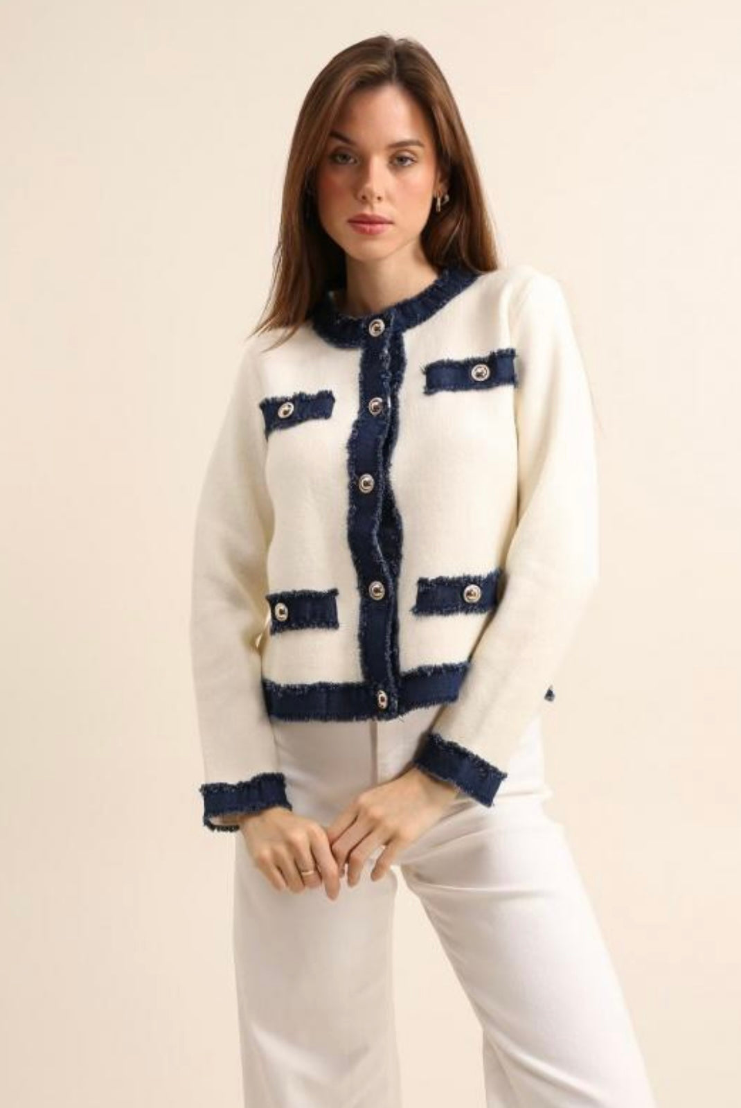 Cream & Denim Trim Cardigan/Jacket