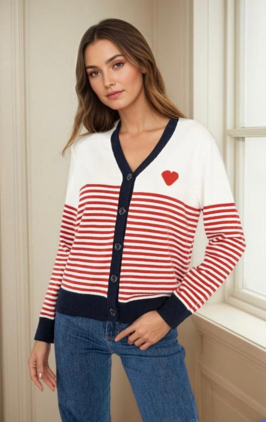 Red & Navy Striped Cardigan