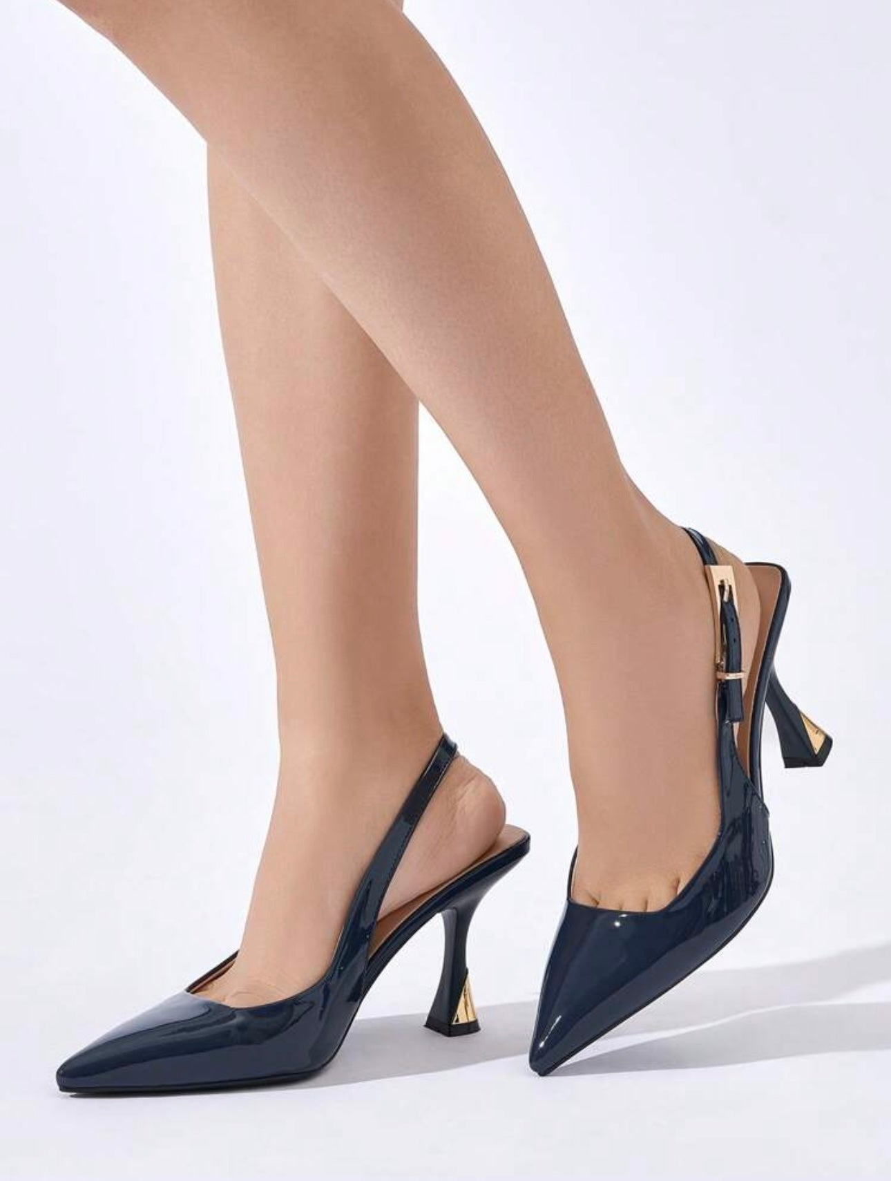 Navy Patent Gold Heel Detail Slingbacks