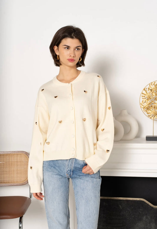 Natasha Cream Heart Appliqué Detail Cardigan