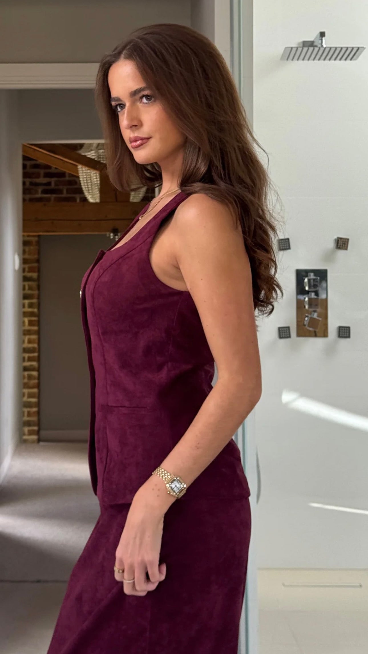 Berry Suede Waistcoat With Gold Button Appliqué