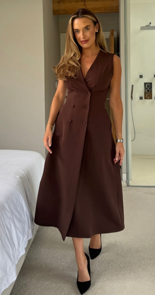Hazel Tailored Sleeveless Midi Dress Brown