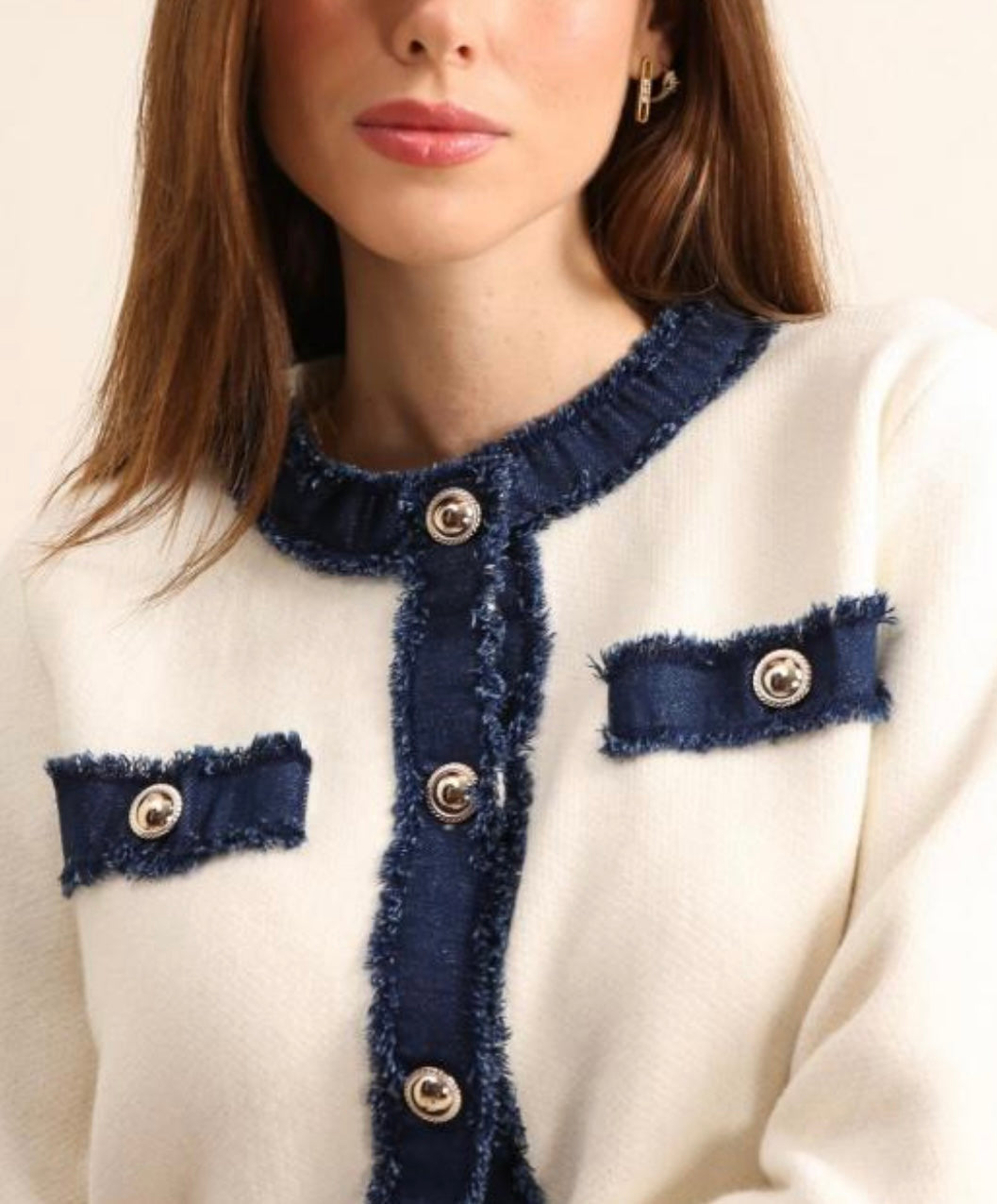 Cream & Denim Trim Cardigan/Jacket