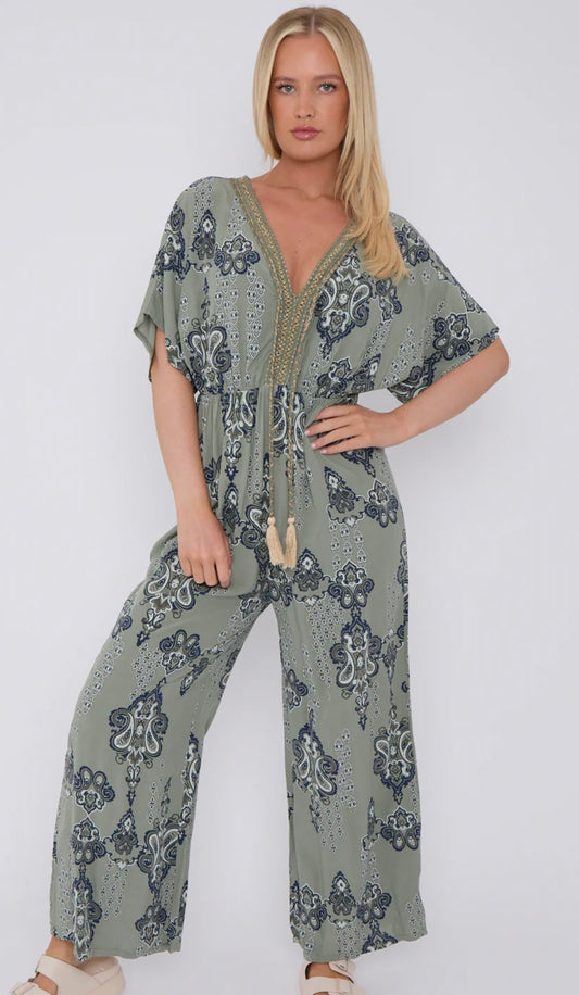 Carly Gold Tassel Printed Jumpsuit In Khaki