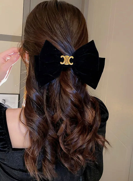 Black Velvet Hair Bow With Gold Buckle Detail