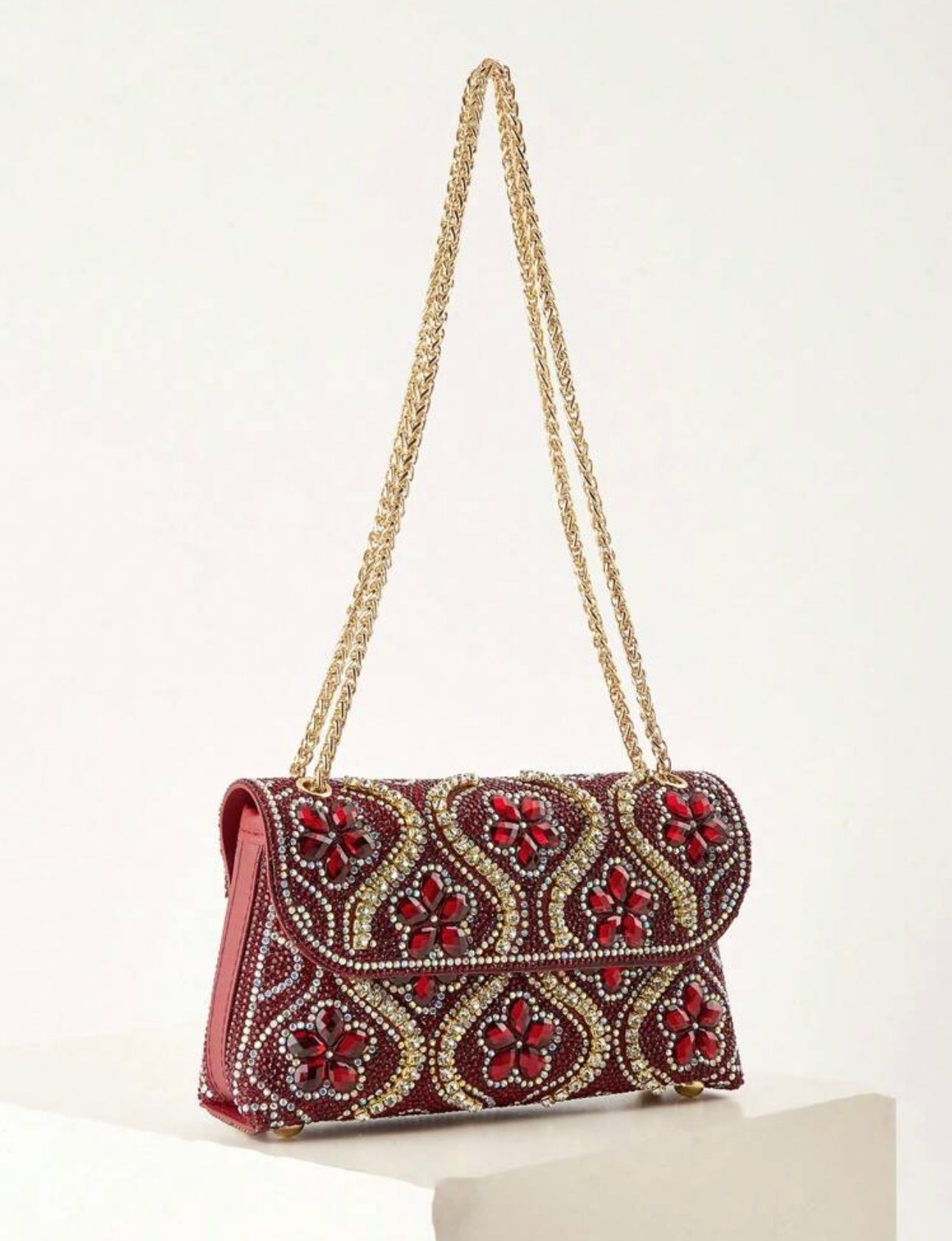 Burgundy & Gold Diamanté Embellished Handbag