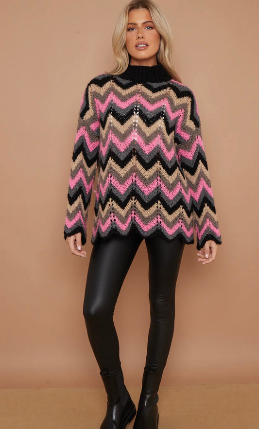 Freya Rainbow Zigzag Jumper Pink/Black