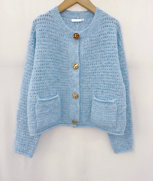 Light Blue Cardigan With Gold Button Detail