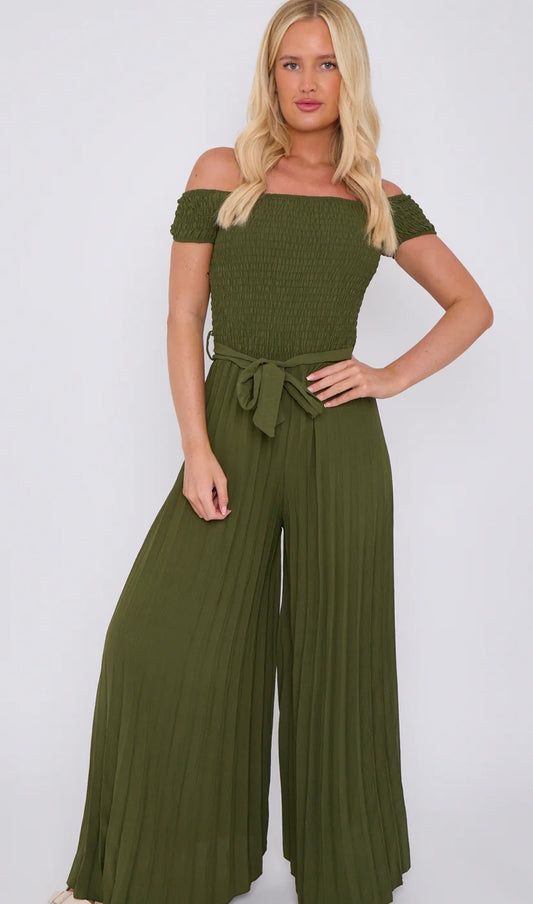 Minnie Off Shoulder Bandeau Pleated Jumpsuit Khaki