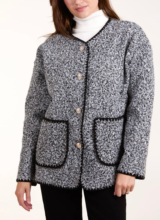 Ava Blanket Stitch Gold Button Jacket In Grey