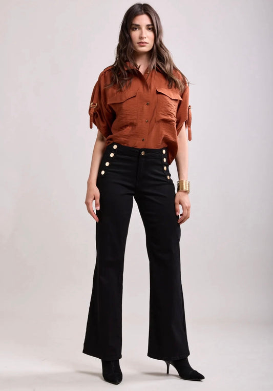 Toxik Statement Button Black Wide Leg Jeans
