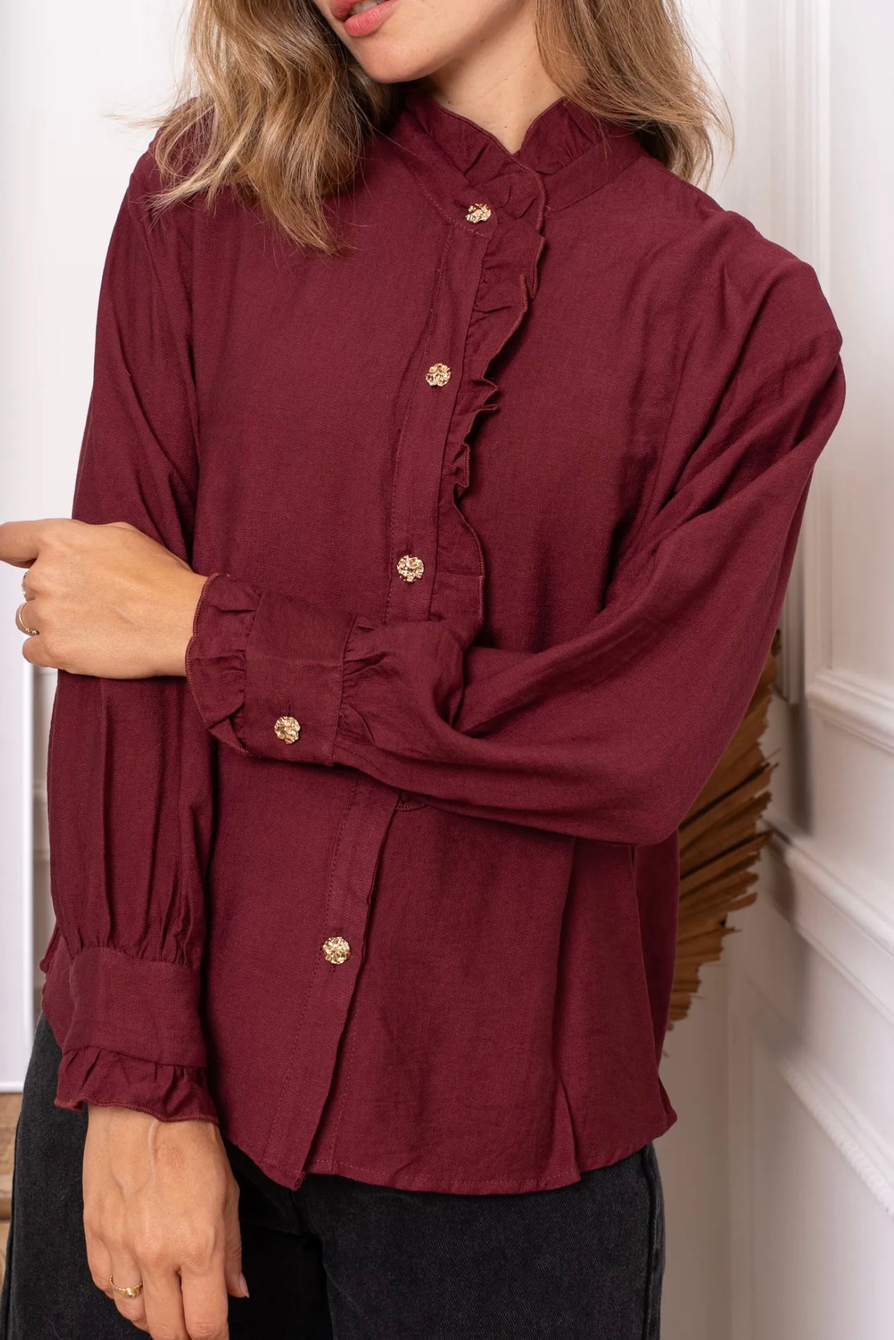 Burgundy Frill Blouse With Gold Button Appliqué