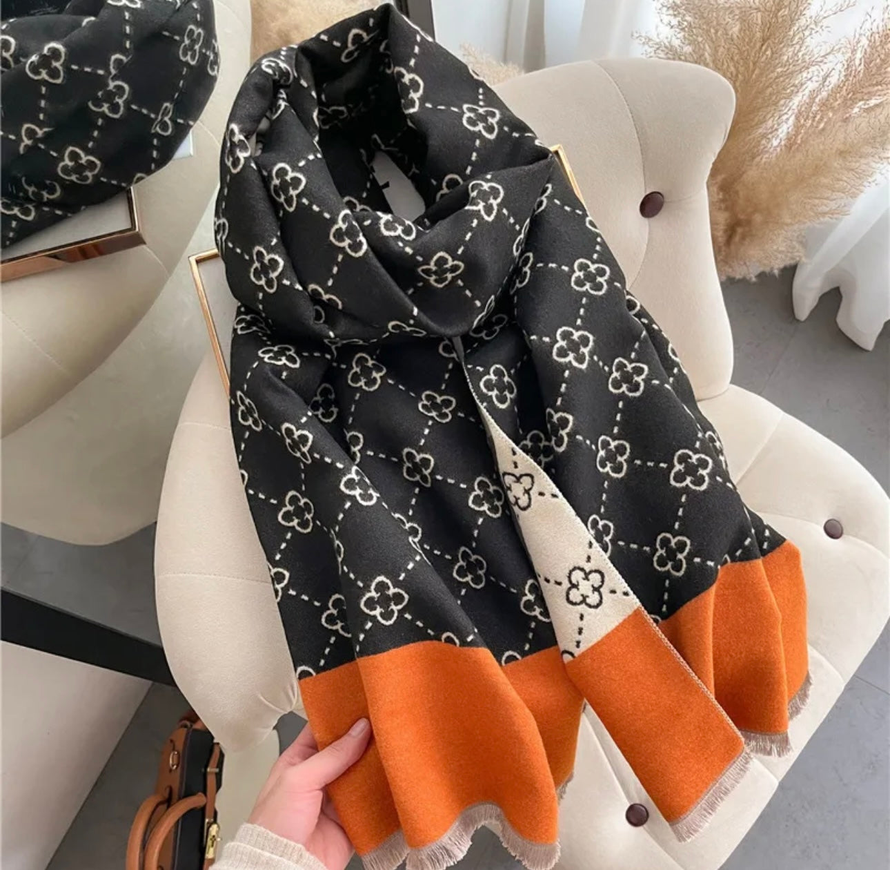 Black, Cream & Orange Floral Monogram Scarf