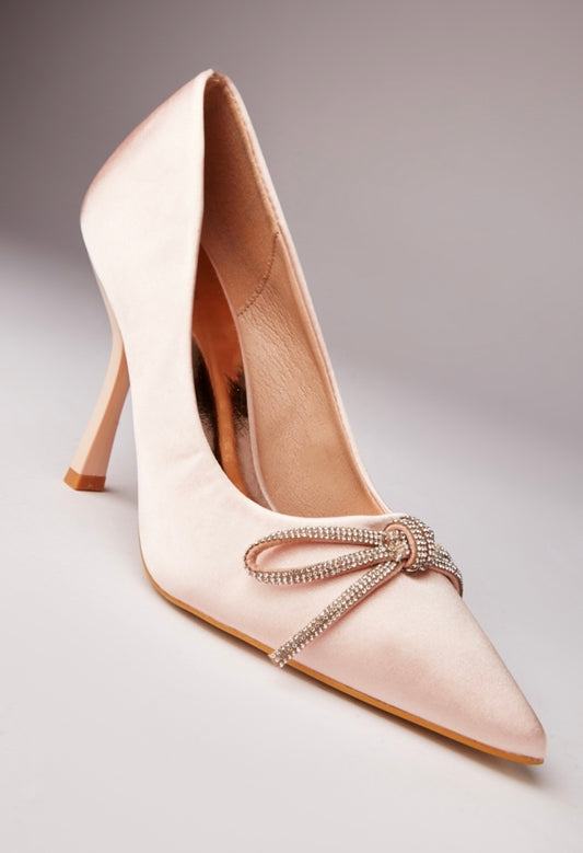 Nude Satin Embellished Bow Detail Heels