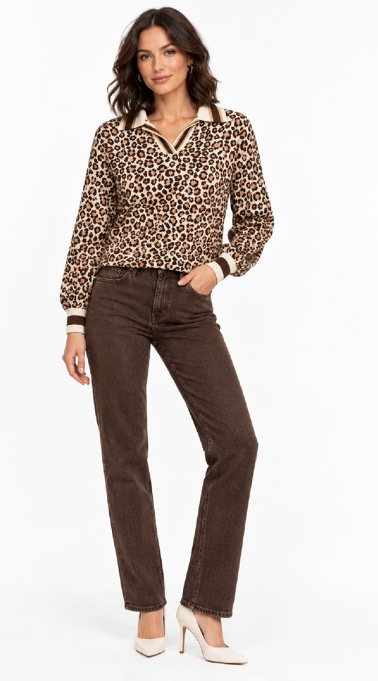 Brown & Cream Leopard Collared Jumper