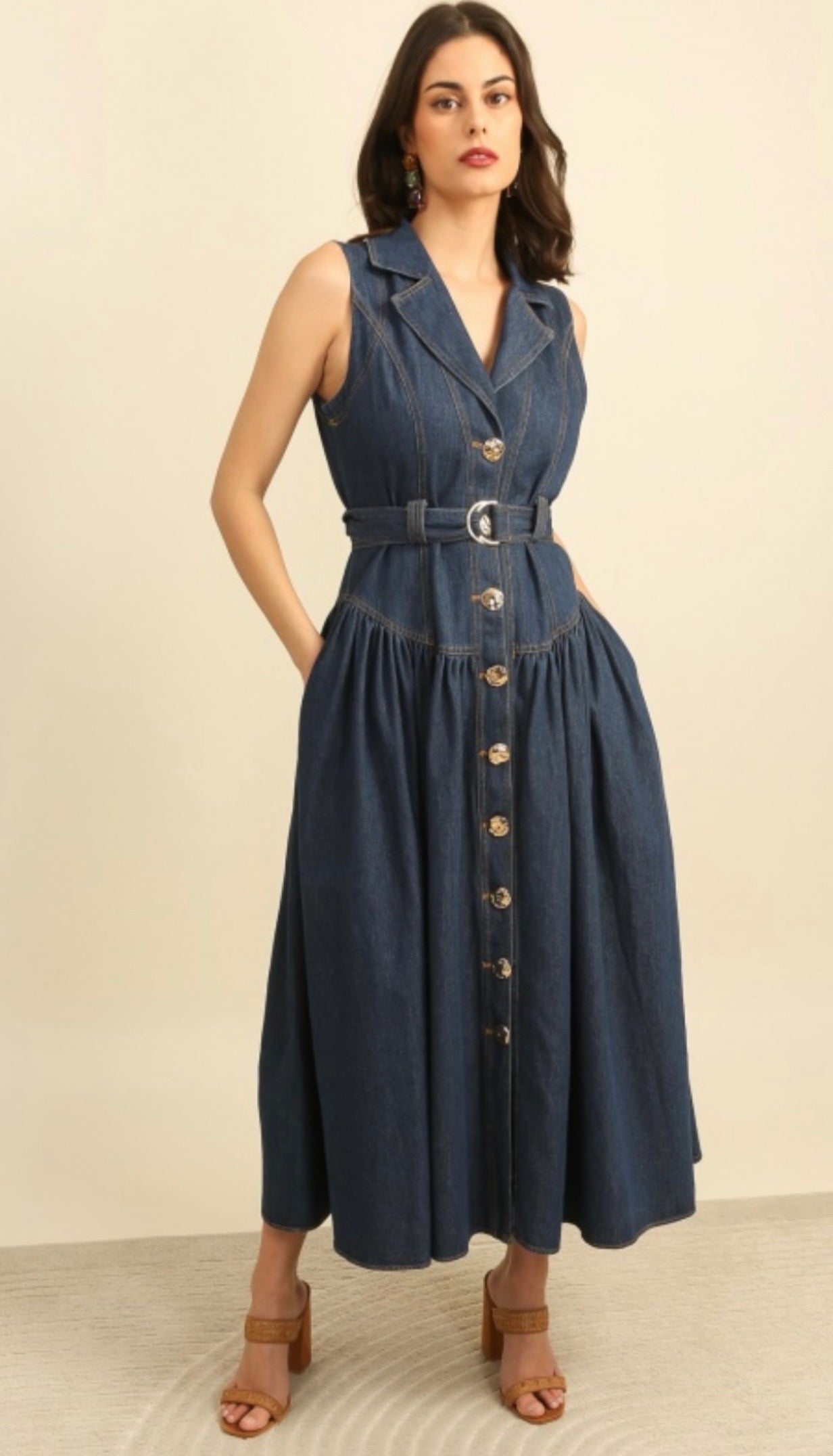 Anna Denim Belted Midi Dress