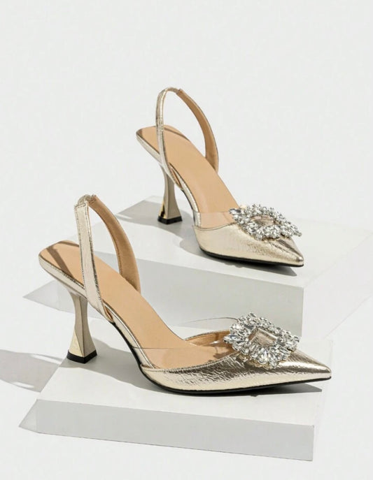 Gold Metallic Slingback Heels With Diamanté Detail