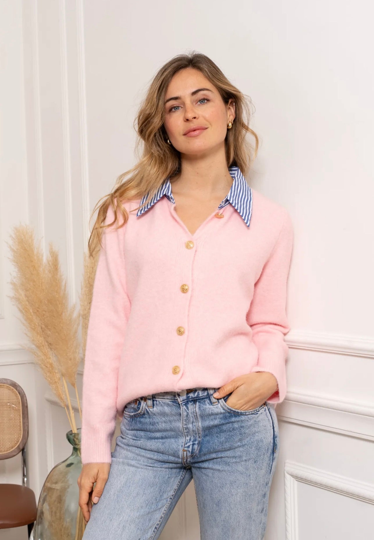 Meg Cardigan Pink With False Striped Collar