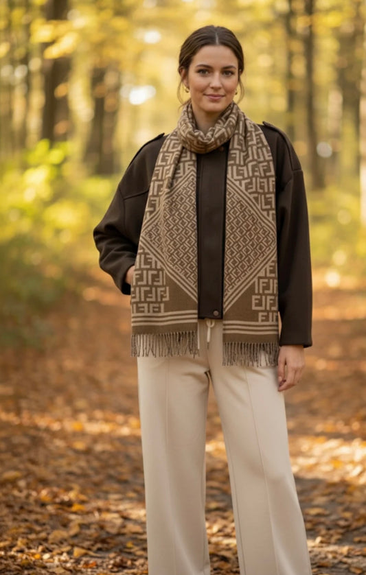 Beige Monogram Print Scarf