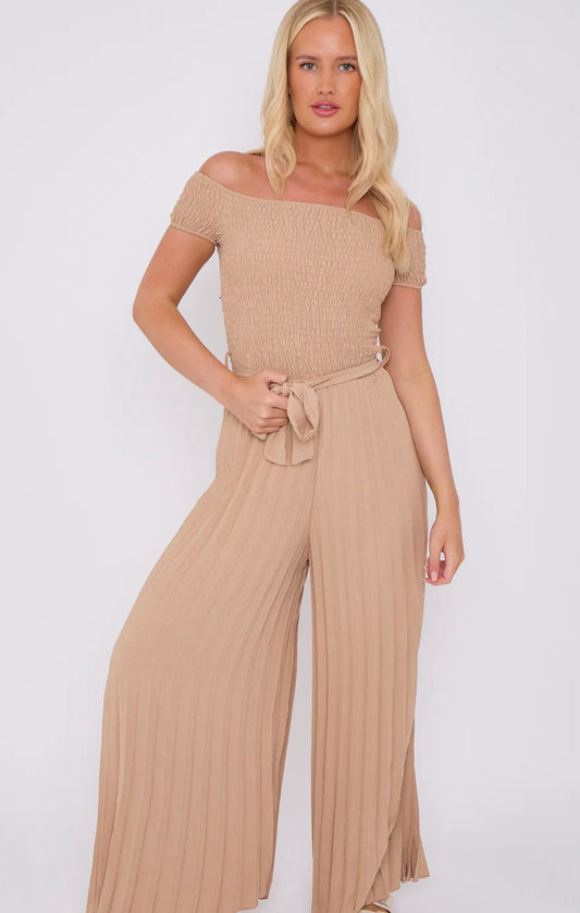 Minnie Off Shoulder Bandeau Pleated Jumpsuit Camel