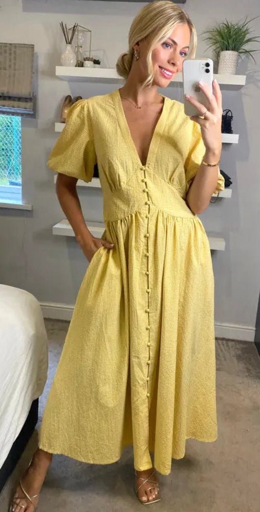 Karly Lemon Checked Midi Dress