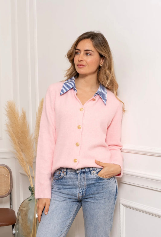 Meg Cardigan Pink With False Striped Collar