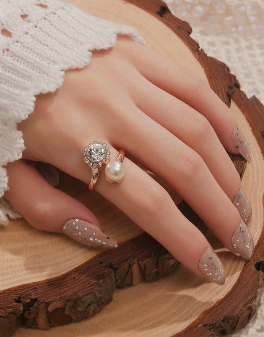 Pearl Diamanté Crossover Ring Gold