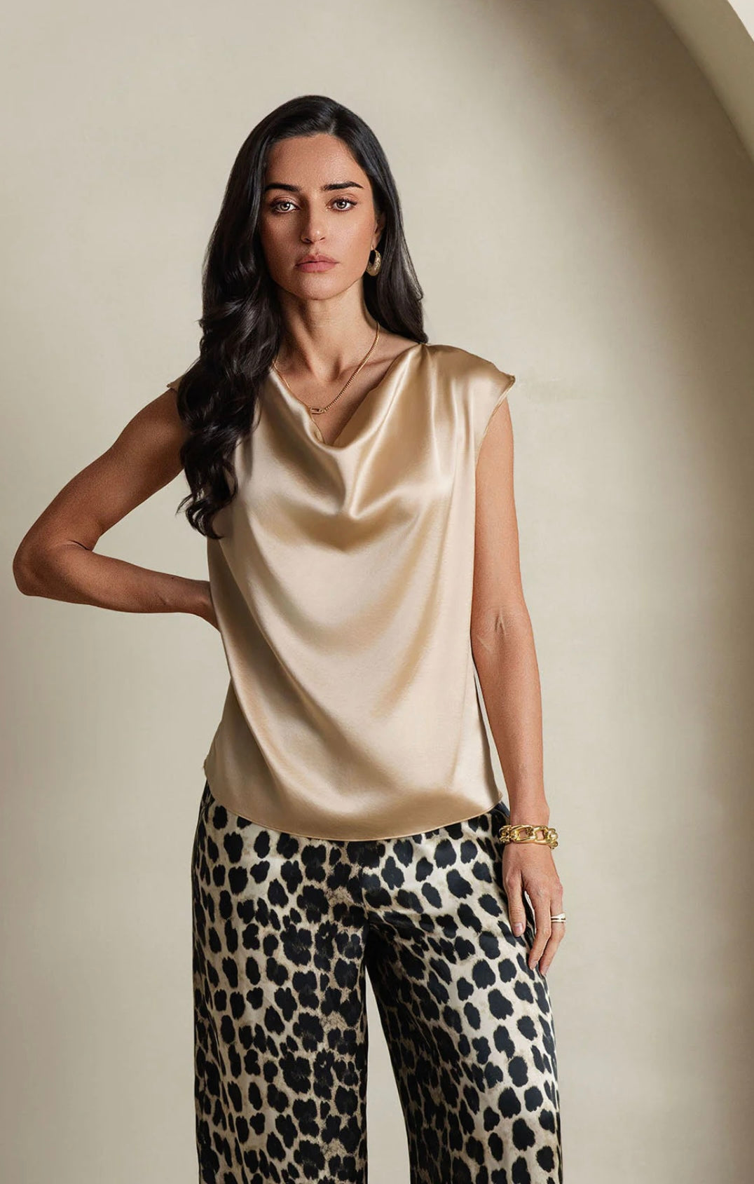 Kerrie Champagne Satin Cowl Neck Top